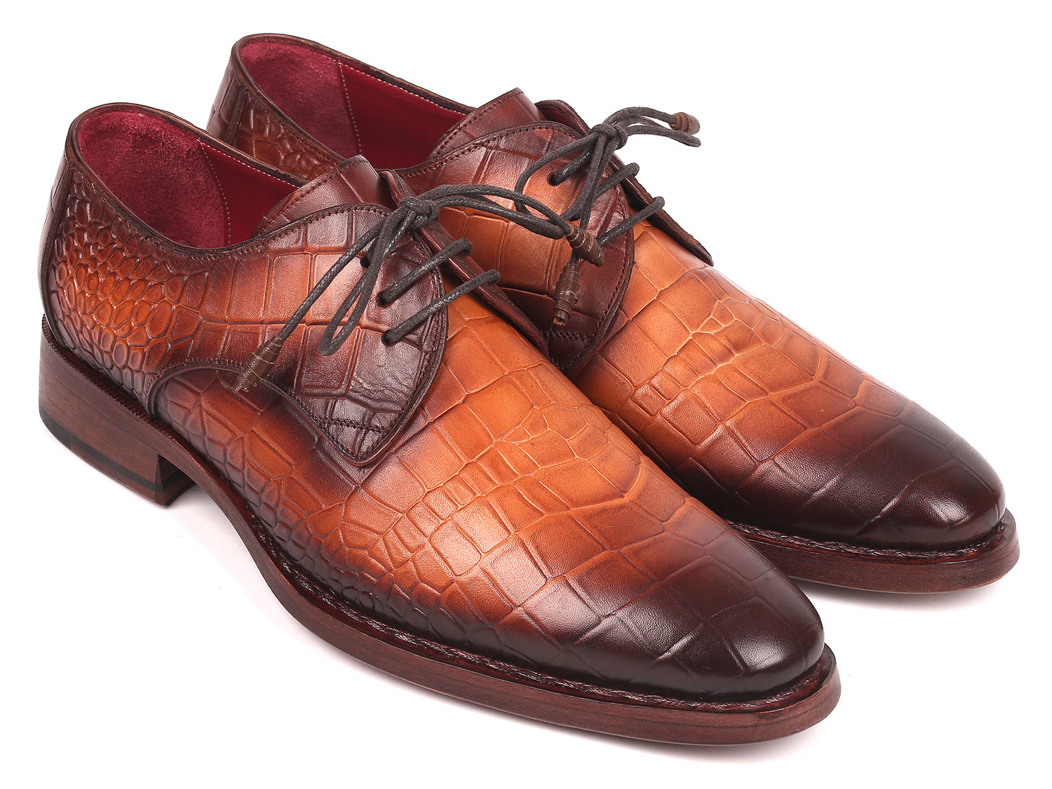 Paul Parkman Brown Crocodile Embossed Calfskin Goodyear Welted Derby shoes showcasing luxurious hand-painted finish and elegant design.